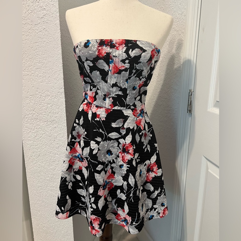 Express Strapless black and red floral minidress